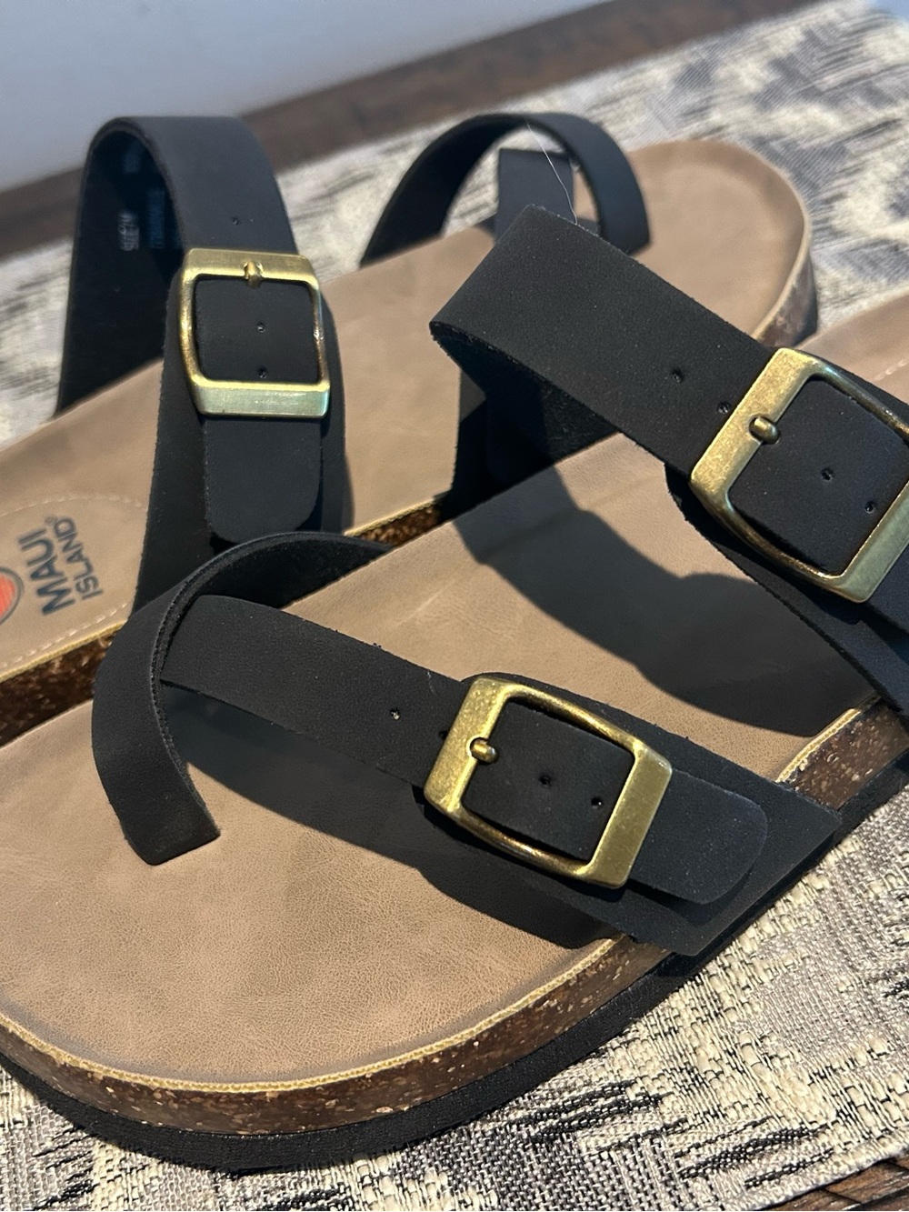 Maui Island Black Double-Strap Women's Sandals with Gold Buckles